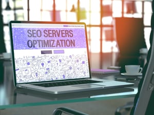 SEO Servers Optimization - Closeup Landing Page in Doodle design Style on Laptop Screen. On Background of Comfortable Working Place in Modern Office. Toned, Blurred Image. 3D Render.
