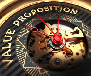 Value Proposition on Black-Golden Watch Face with Closeup View of Watch Mechanism.